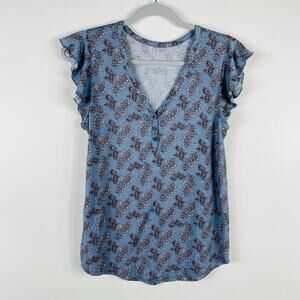 Ann Taylor LOFT Size XS Floral Print Flutter Sleeve Henley Tee Top Blue